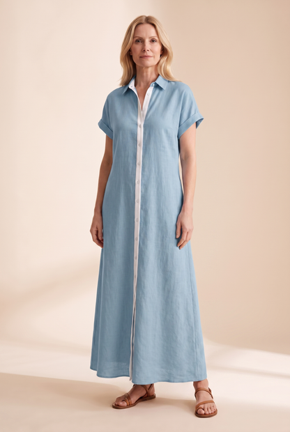 Damska sukienka koszulowa maxi z krótkim rękawem i zapięciem na guziki-Maxi Dress-Olave