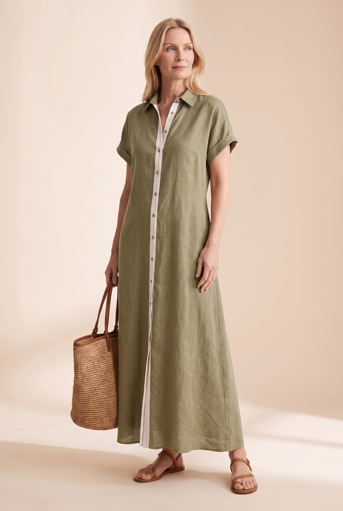 Damska sukienka koszulowa maxi z krótkim rękawem i zapięciem na guziki-Maxi Dress-Olave