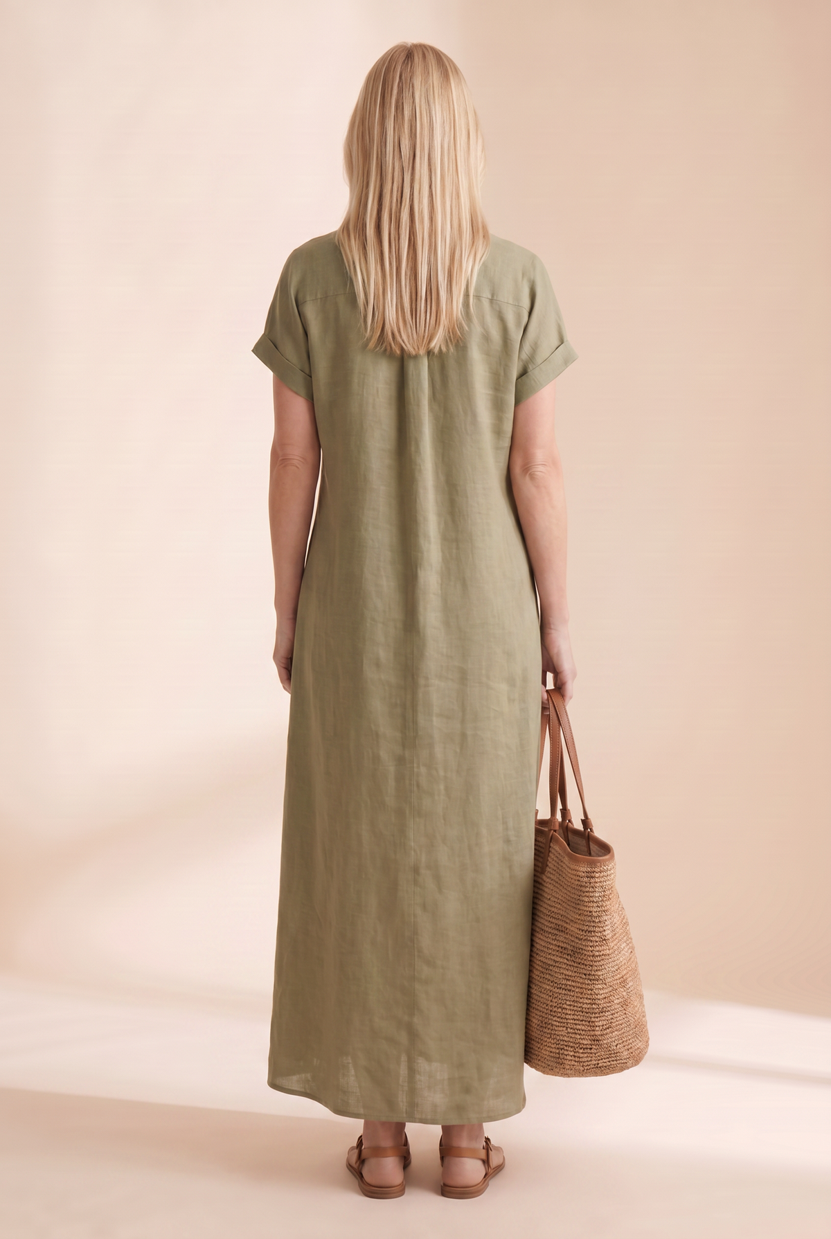 Damska sukienka koszulowa maxi z krótkim rękawem i zapięciem na guziki-Maxi Dress-Olave