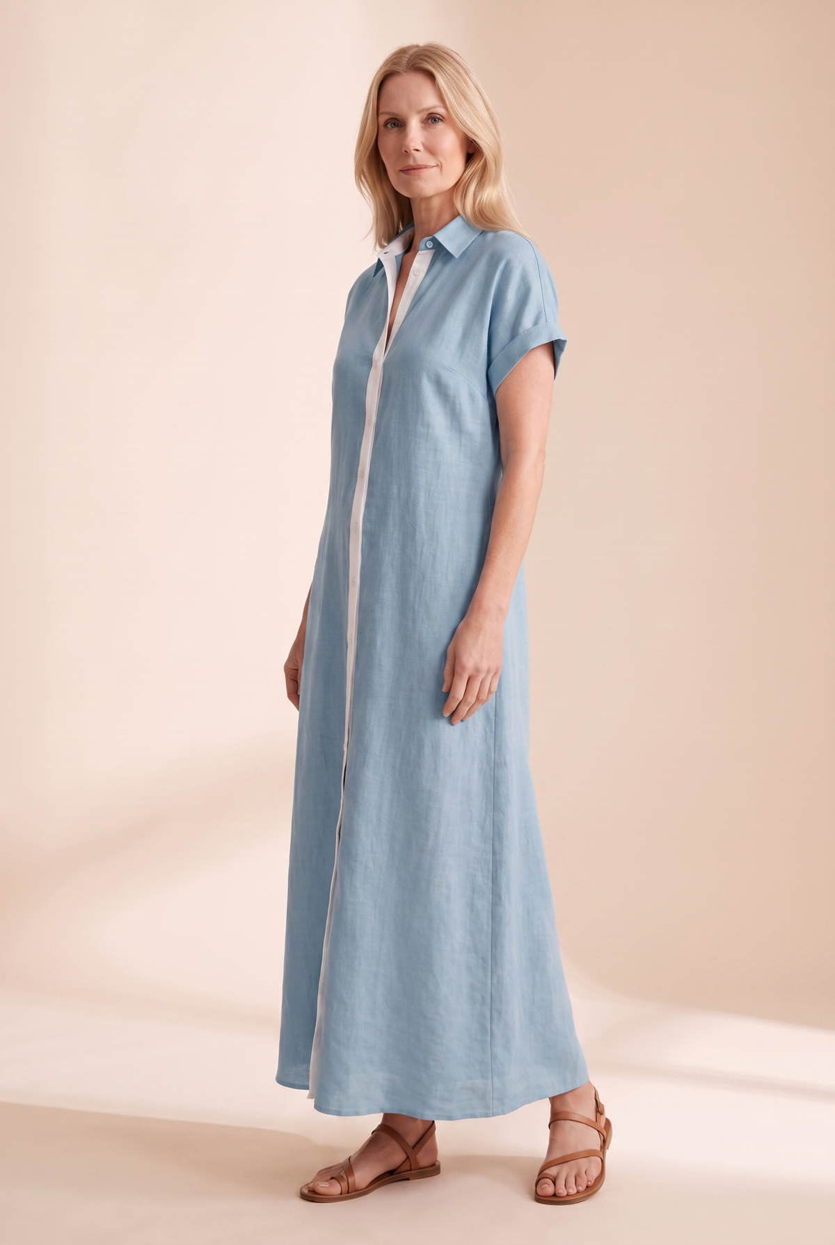 Damska sukienka koszulowa maxi z krótkim rękawem i zapięciem na guziki-Maxi Dress-Olave