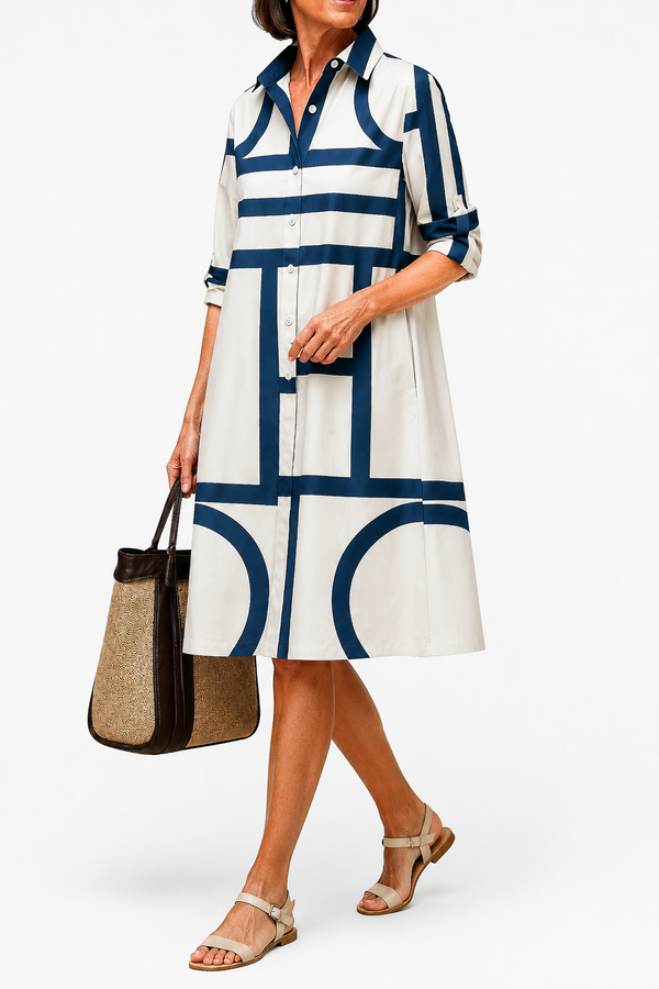 Damska sukienka koszulowa midi w geometryczne wzory-Midi Dress-Olave