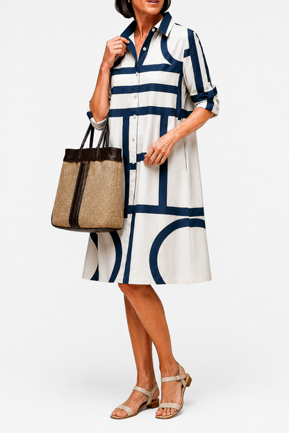 Damska sukienka koszulowa midi w geometryczne wzory-Midi Dress-Olave