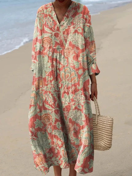 Damska sukienka koszulowa midi w paski z dekoltem w serek-Midi Dress-Olave