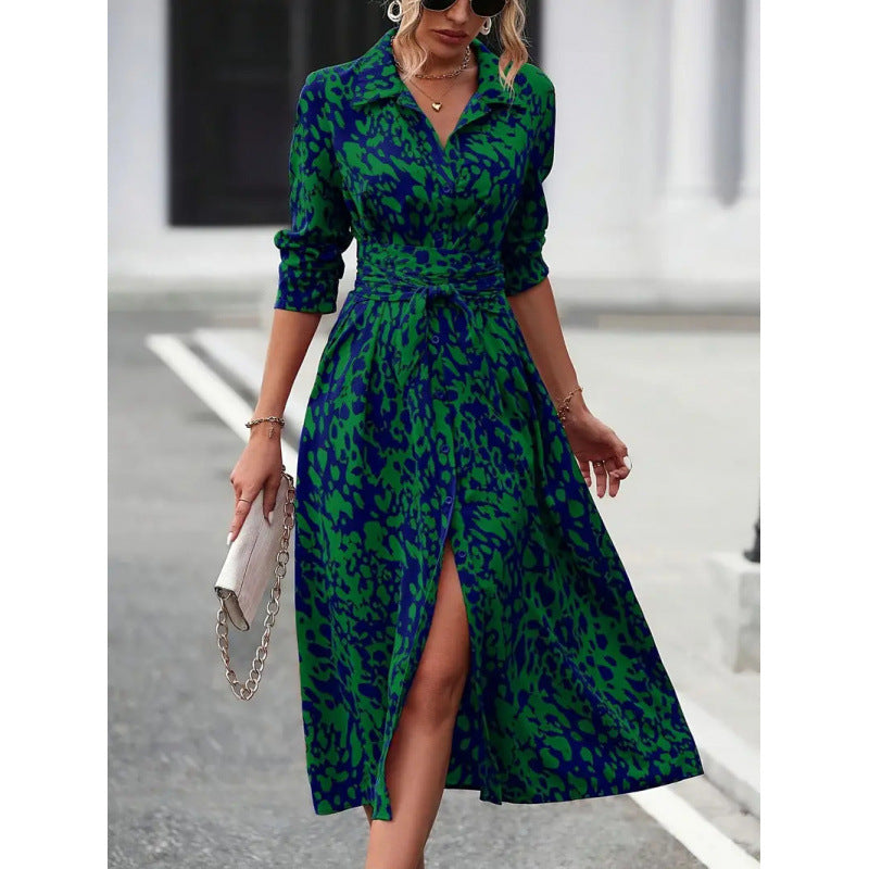 Damska sukienka koszulowa midi z wiązaniem w talii-Maxi Dress-Olave