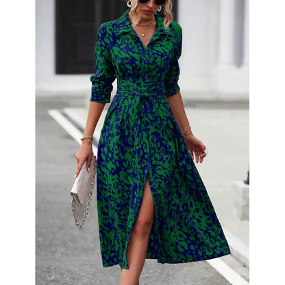 Damska sukienka koszulowa midi z wiązaniem w talii-Maxi Dress-Olave