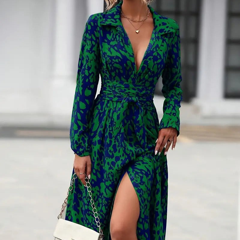 Damska sukienka koszulowa midi z wiązaniem w talii-Maxi Dress-Olave