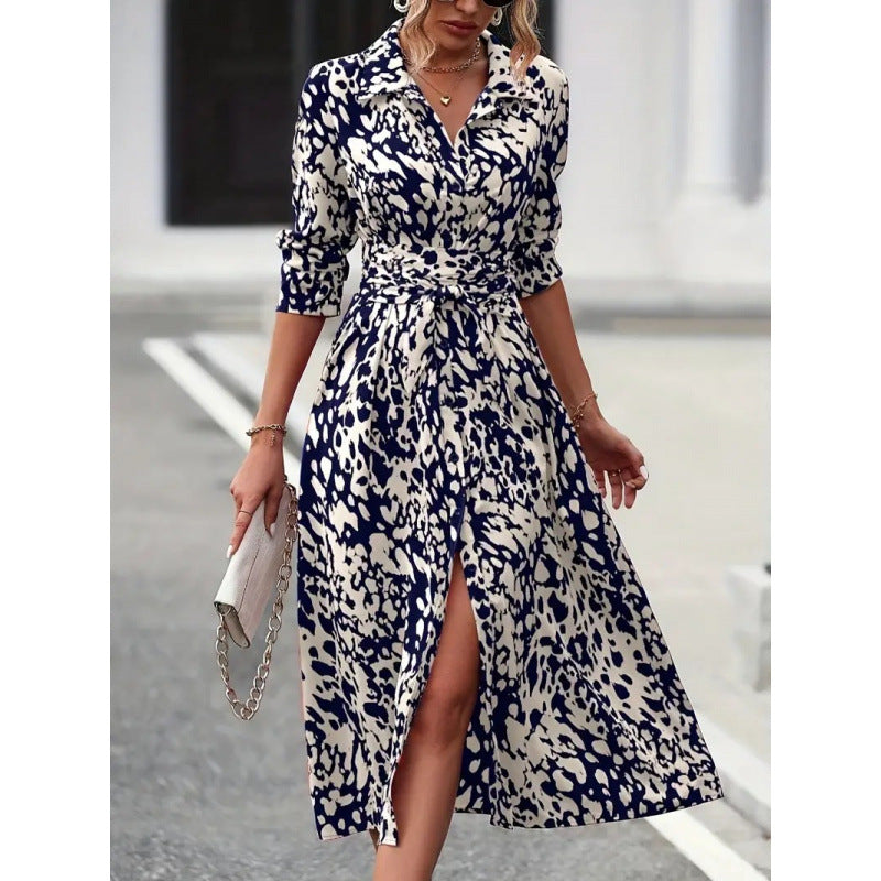 Damska sukienka koszulowa midi z wiązaniem w talii-Maxi Dress-Olave