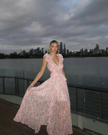 Damska sukienka maxi bez rękawów w kwiatowy wzór-Maxi Dress-Olave