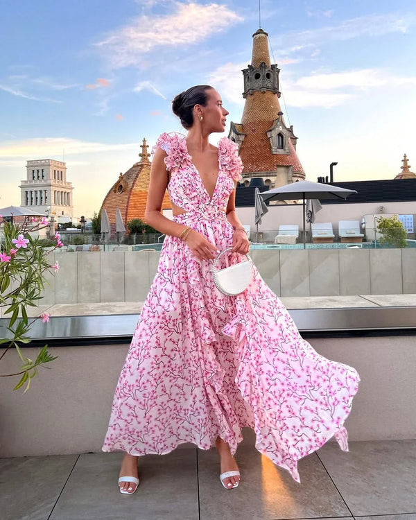 Damska sukienka maxi bez rękawów w kwiatowy wzór-Maxi Dress-Olave