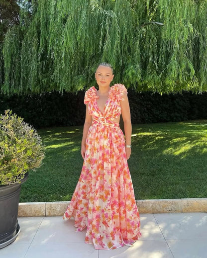 Damska sukienka maxi bez rękawów w kwiatowy wzór-Maxi Dress-Olave