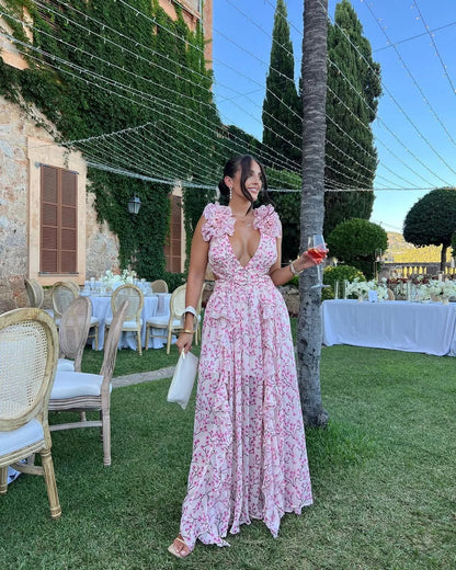 Damska sukienka maxi bez rękawów w kwiatowy wzór-Maxi Dress-Olave