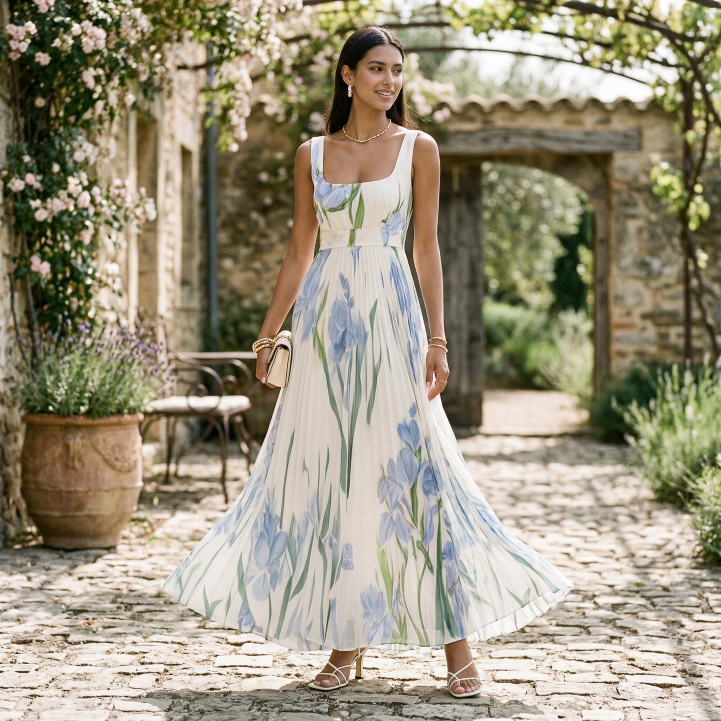 Damska sukienka maxi bez rękawów w kwiatowy wzór z plisami-Maxi Dress-Olave