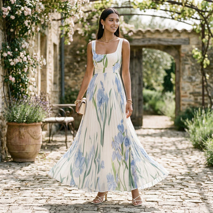 Damska sukienka maxi bez rękawów w kwiatowy wzór z plisami-Maxi Dress-Olave