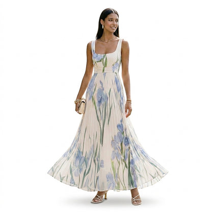 Damska sukienka maxi bez rękawów w kwiatowy wzór z plisami-Maxi Dress-Olave