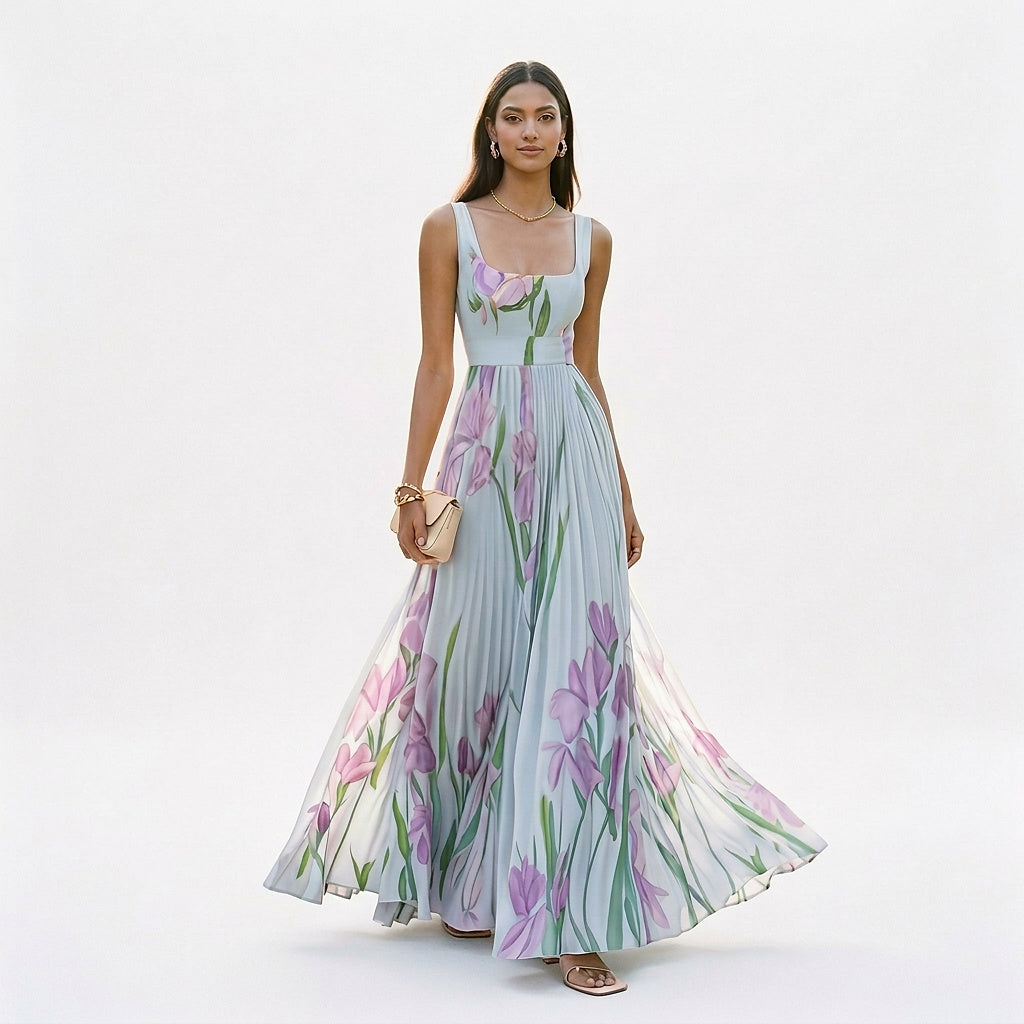 Damska sukienka maxi bez rękawów w kwiatowy wzór z plisami-Maxi Dress-Olave