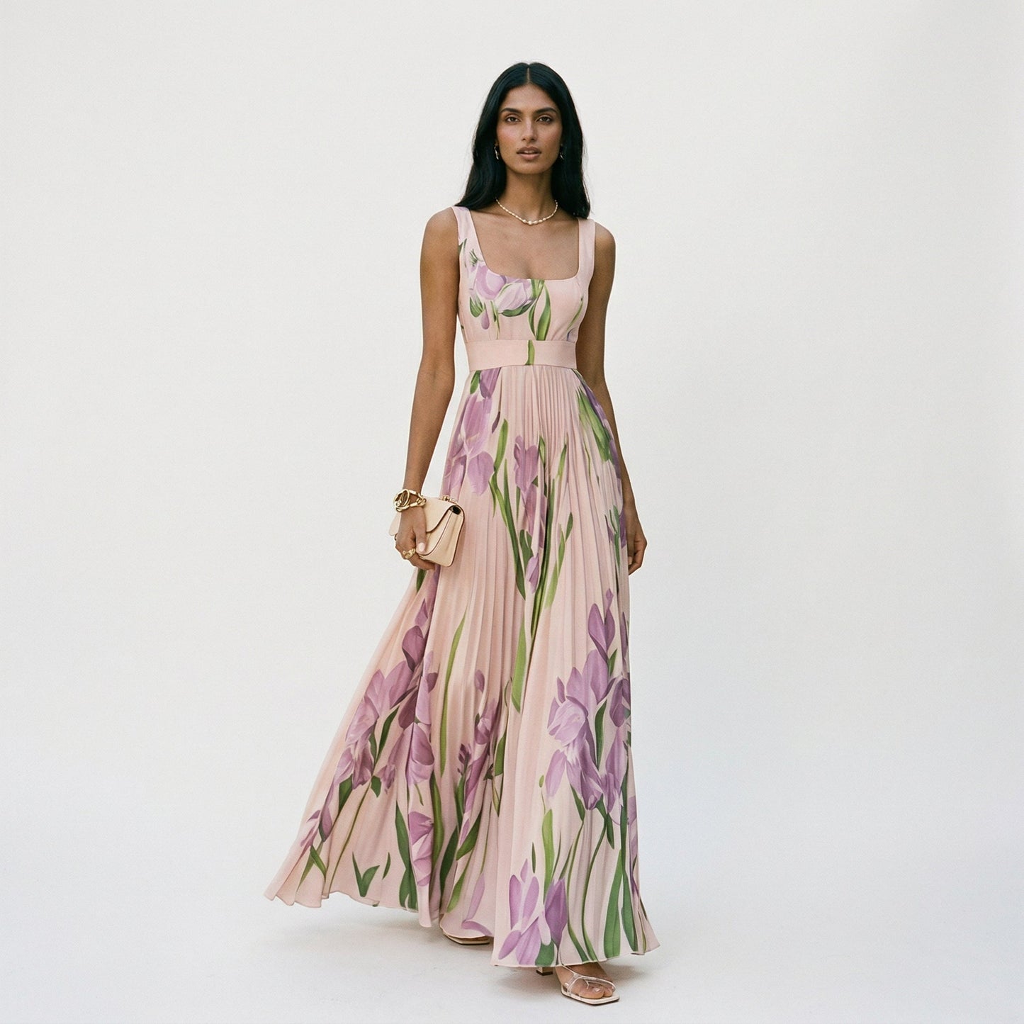 Damska sukienka maxi bez rękawów w kwiatowy wzór z plisami-Maxi Dress-Olave