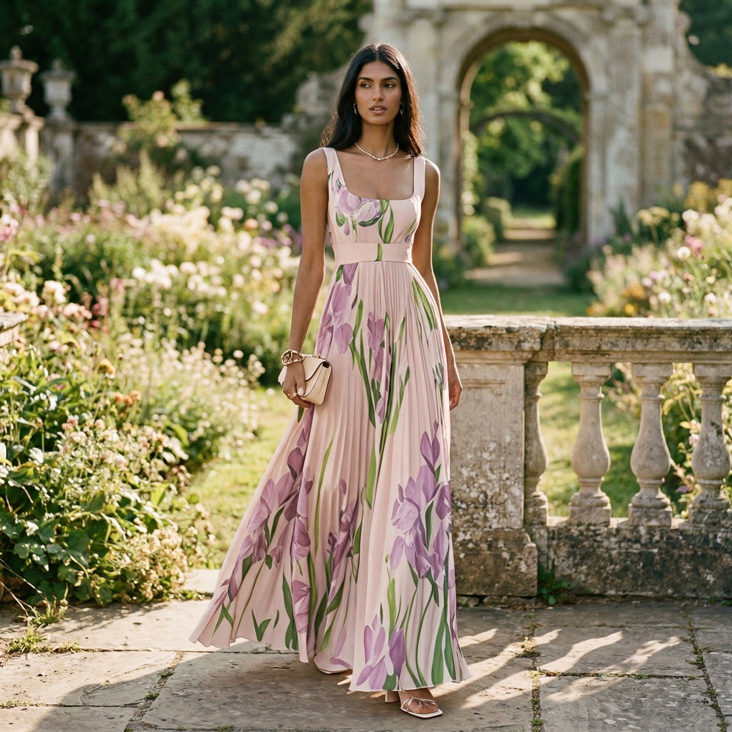 Damska sukienka maxi bez rękawów w kwiatowy wzór z plisami-Maxi Dress-Olave