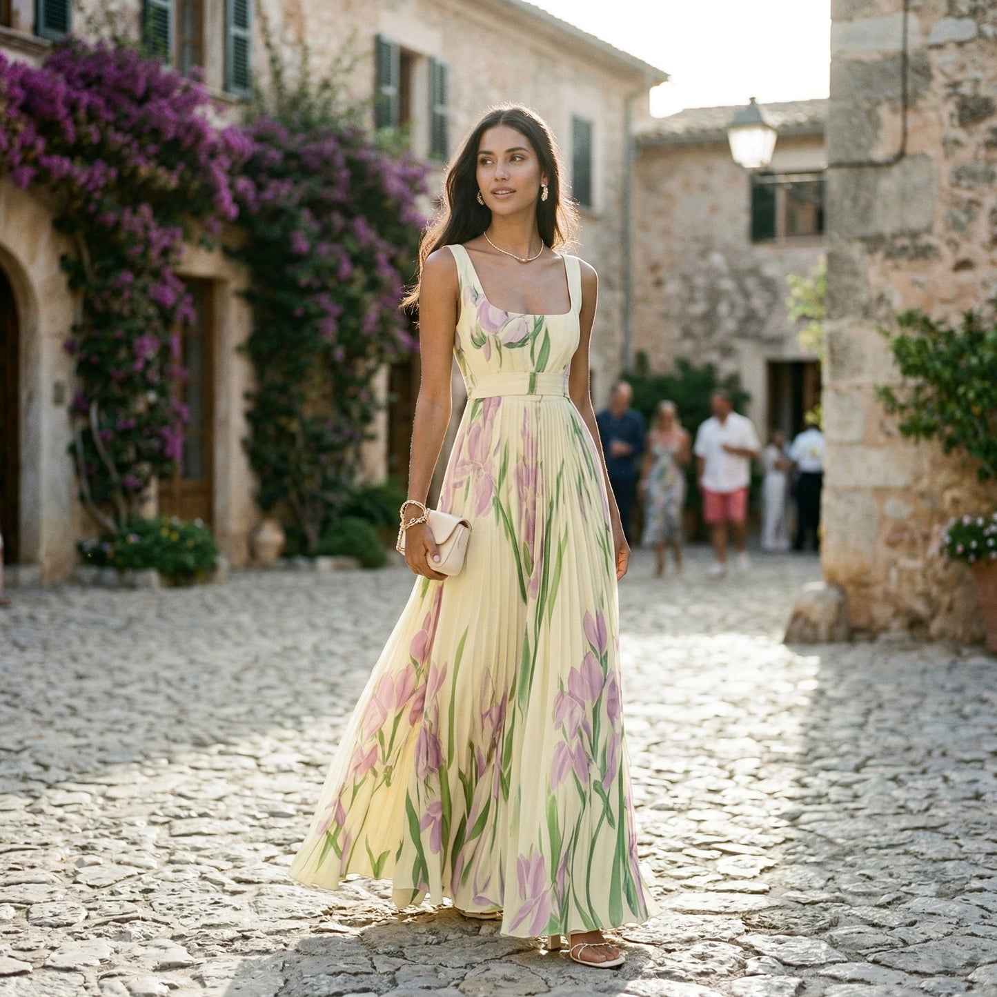 Damska sukienka maxi bez rękawów w kwiatowy wzór z plisami-Maxi Dress-Olave
