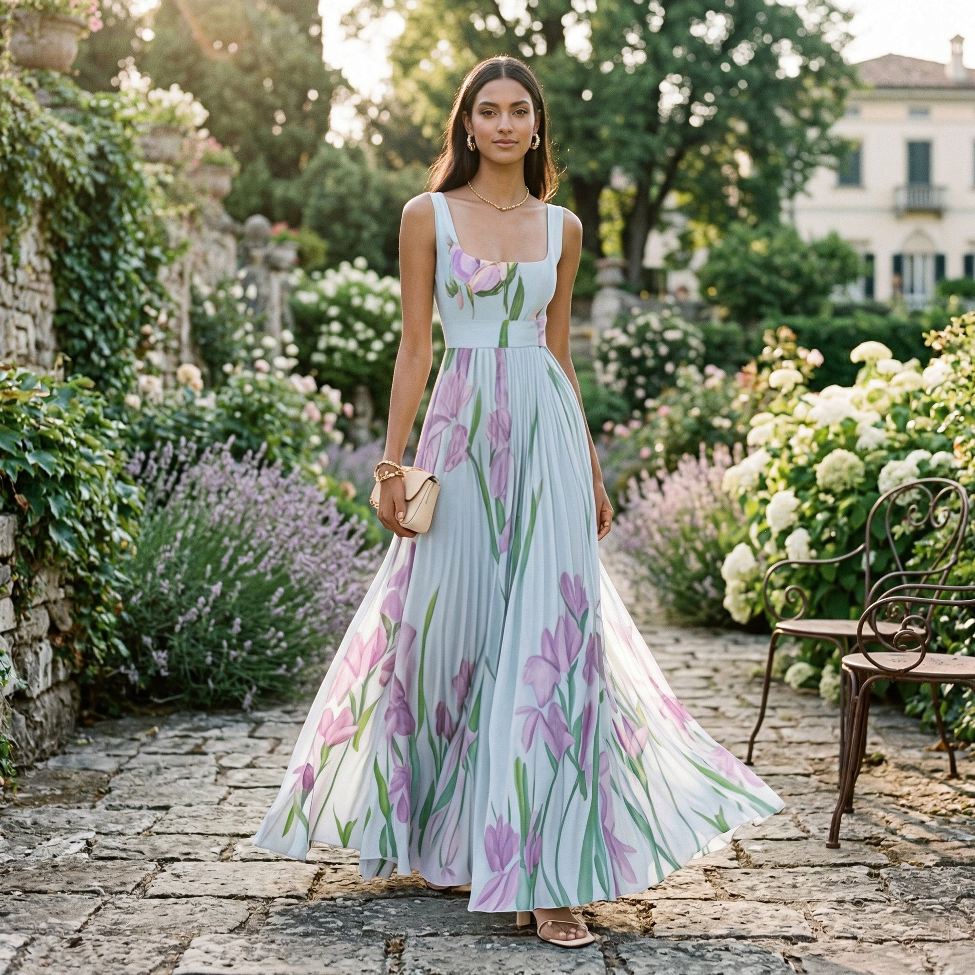 Damska sukienka maxi bez rękawów w kwiatowy wzór z plisami-Maxi Dress-Olave