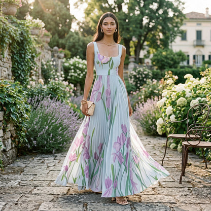 Damska sukienka maxi bez rękawów w kwiatowy wzór z plisami-Maxi Dress-Olave