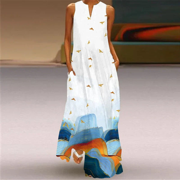 Damska sukienka maxi bez rękawów w motyle-Maxi Dress-Olave