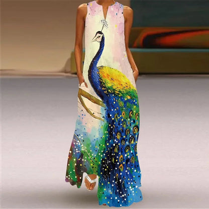 Damska sukienka maxi bez rękawów w motyle-Maxi Dress-Olave