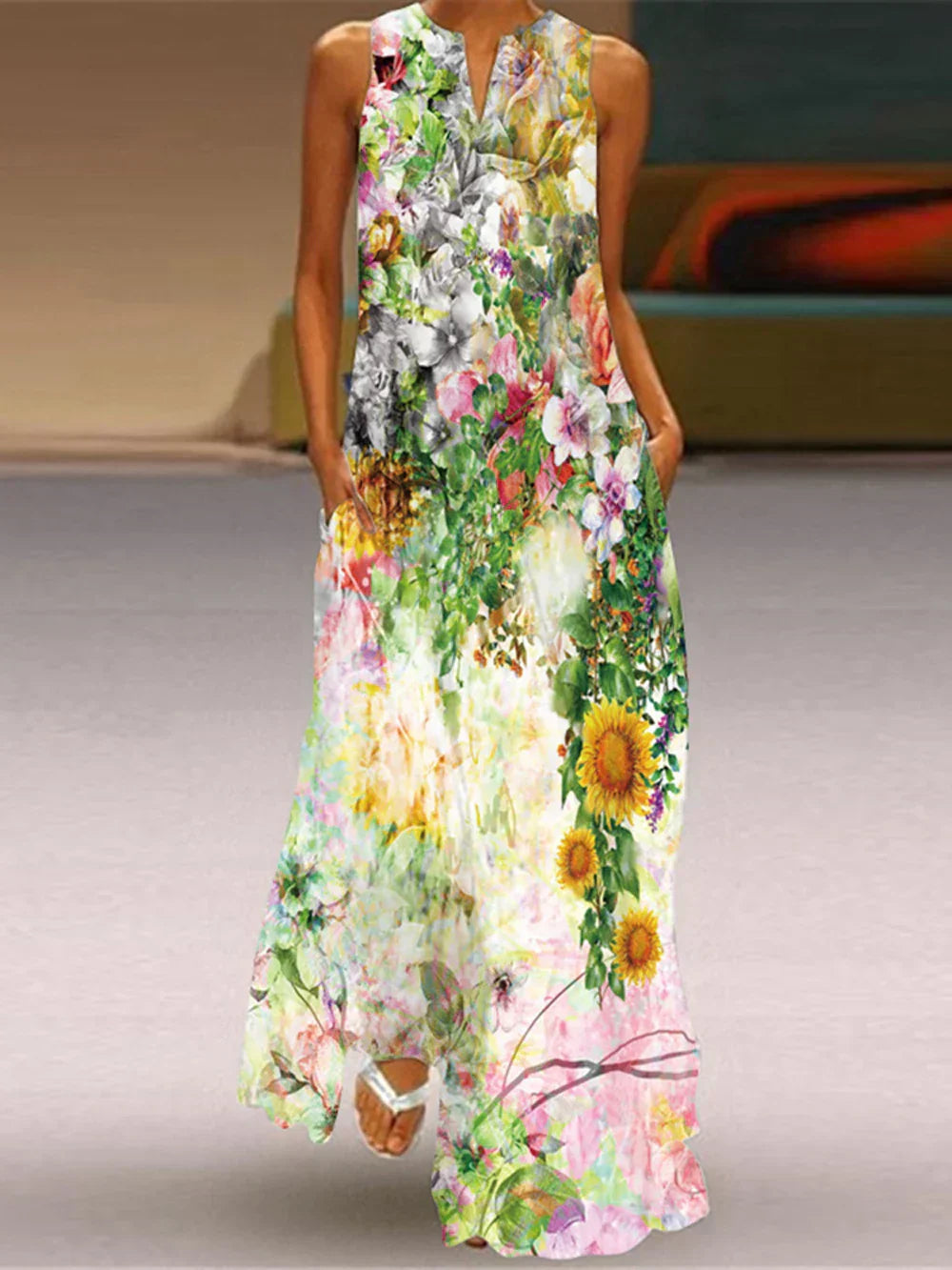 Damska sukienka maxi bez rękawów w motyle-Maxi Dress-Olave