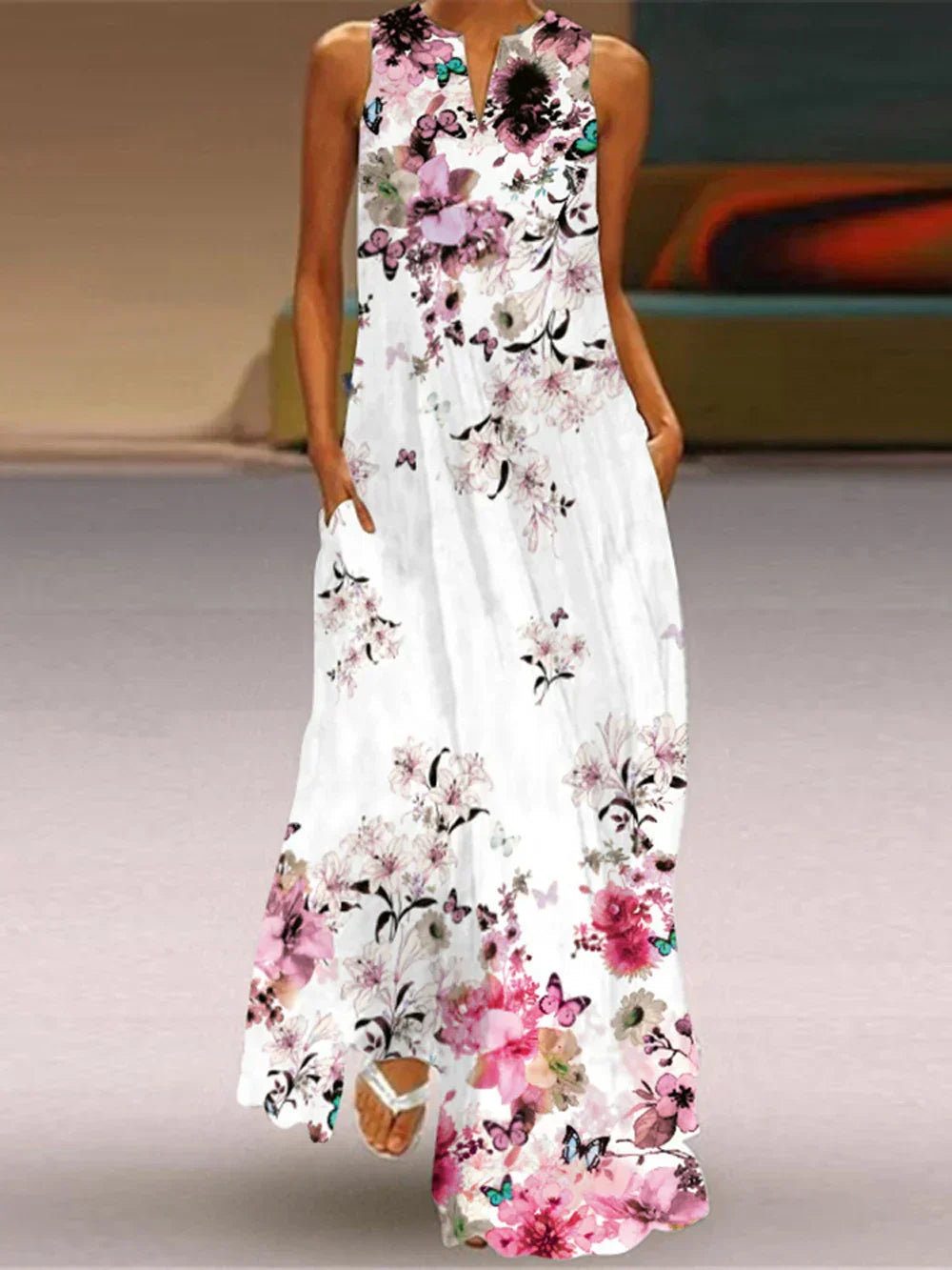 Damska sukienka maxi bez rękawów w motyle-Maxi Dress-Olave