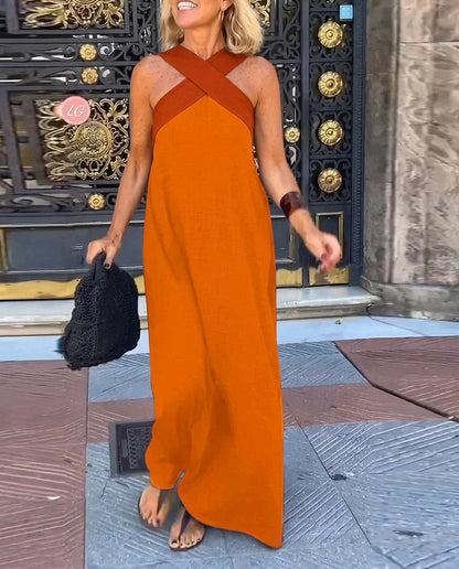 Damska sukienka maxi bez rękawów z dekoltem typu cross-neck-Maxi Dress-Olave