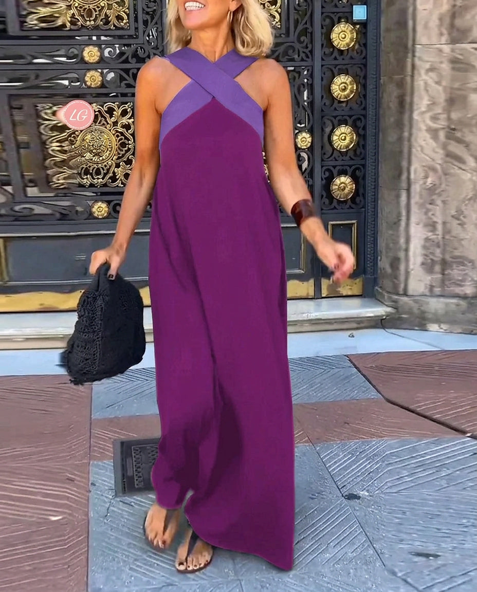 Damska sukienka maxi bez rękawów z dekoltem typu cross-neck-Maxi Dress-Olave
