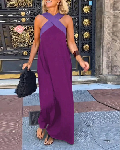 Damska sukienka maxi bez rękawów z dekoltem typu cross-neck-Maxi Dress-Olave