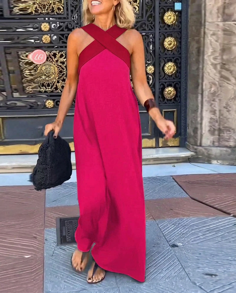 Damska sukienka maxi bez rękawów z dekoltem typu cross-neck-Maxi Dress-Olave
