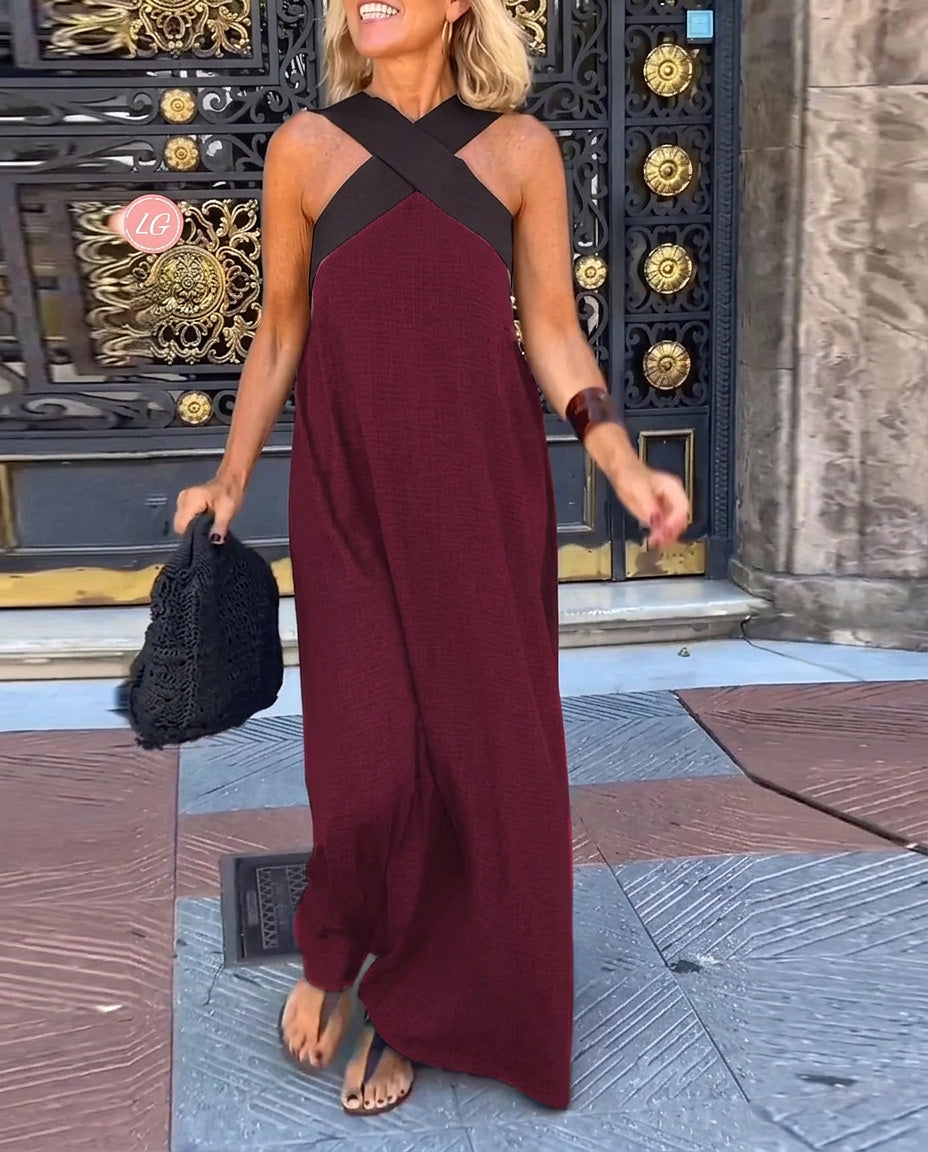 Damska sukienka maxi bez rękawów z dekoltem typu cross-neck-Maxi Dress-Olave