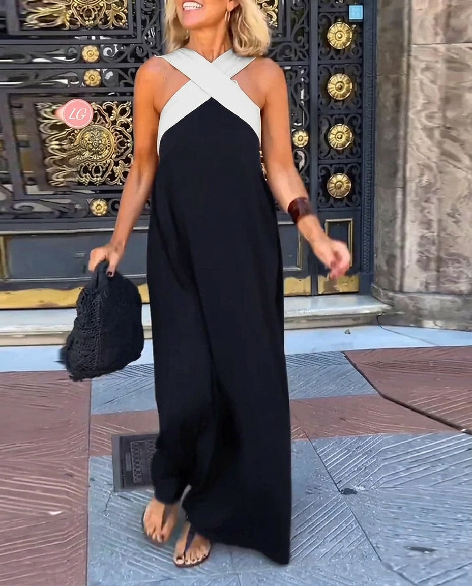Damska sukienka maxi bez rękawów z dekoltem typu cross-neck-Maxi Dress-Olave