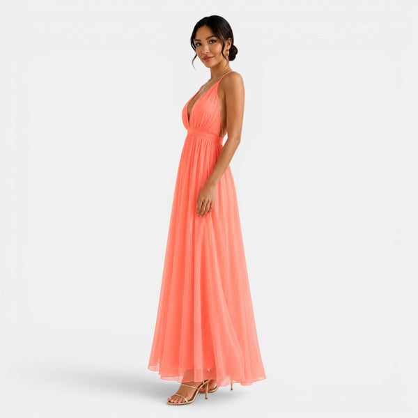 Damska sukienka maxi bez rękawów z dekoltem w serek-Maxi Dress-Olave