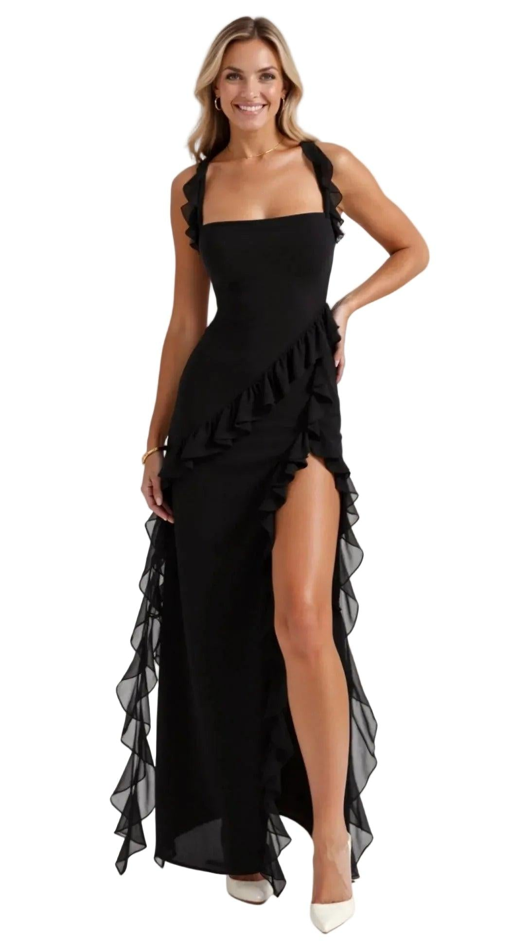 Damska sukienka maxi bez rękawów z falbaną-Maxi Dress-Olave