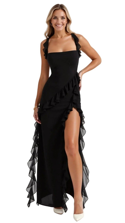 Damska sukienka maxi bez rękawów z falbaną-Maxi Dress-Olave