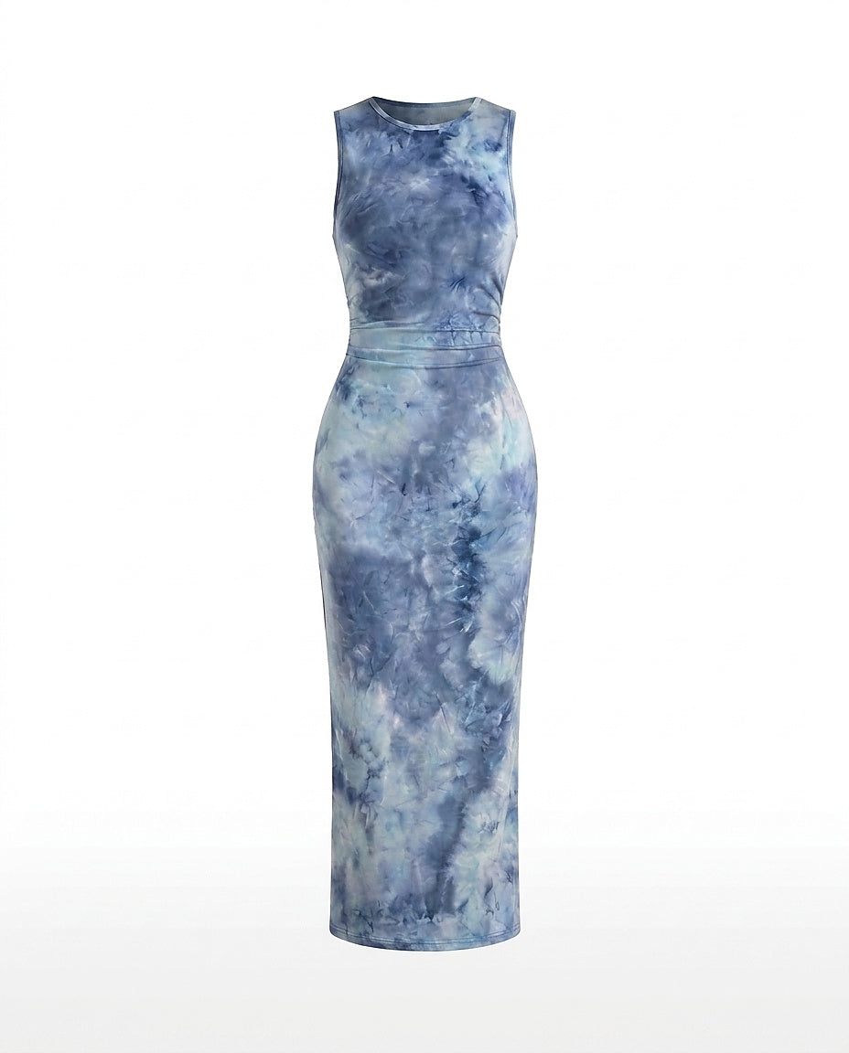 Damska sukienka maxi bez rękawów z wzorem tie-dye-Maxi Dress-Olave