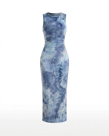 Damska sukienka maxi bez rękawów z wzorem tie-dye-Maxi Dress-Olave