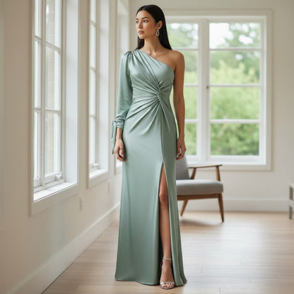 Damska sukienka maxi na jedno ramię z wiązaniem w talii-Maxi Dress-Olave
