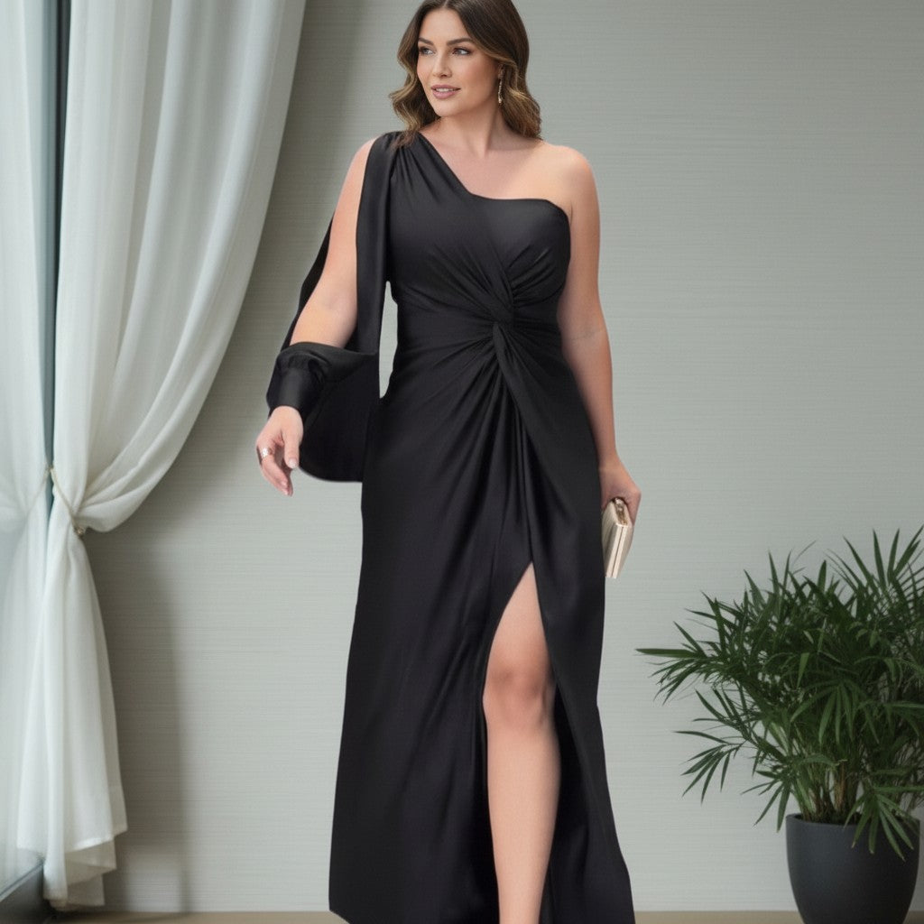 Damska sukienka maxi na jedno ramię z wiązaniem w talii-Maxi Dress-Olave