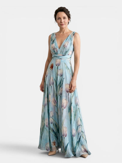 Damska sukienka maxi w kwiaty bez rękawów z dekoltem w serek-Maxi Dress-Olave