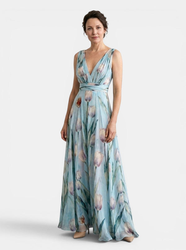 Damska sukienka maxi w kwiaty bez rękawów z dekoltem w serek-Maxi Dress-Olave