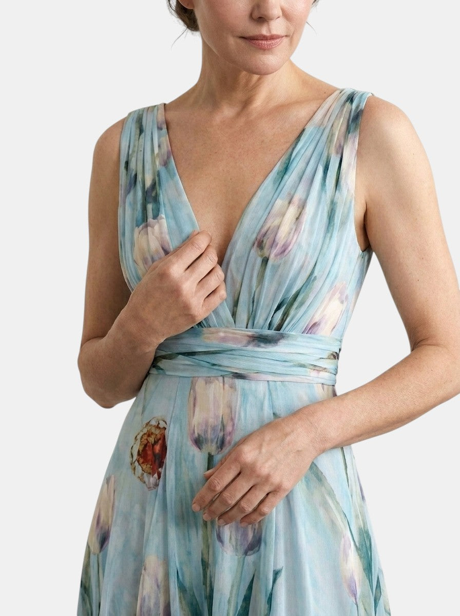 Damska sukienka maxi w kwiaty bez rękawów z dekoltem w serek-Maxi Dress-Olave
