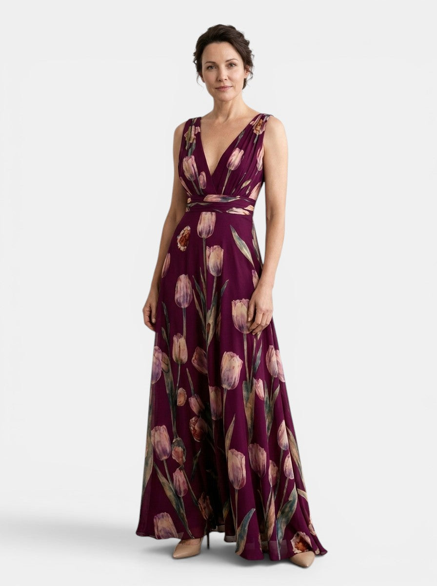 Damska sukienka maxi w kwiaty bez rękawów z dekoltem w serek-Maxi Dress-Olave