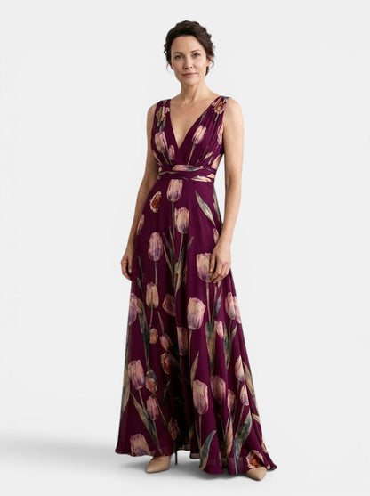 Damska sukienka maxi w kwiaty bez rękawów z dekoltem w serek-Maxi Dress-Olave