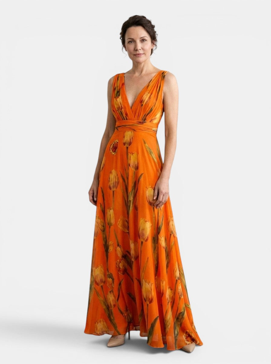 Damska sukienka maxi w kwiaty bez rękawów z dekoltem w serek-Maxi Dress-Olave