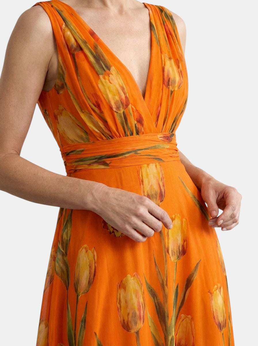 Damska sukienka maxi w kwiaty bez rękawów z dekoltem w serek-Maxi Dress-Olave