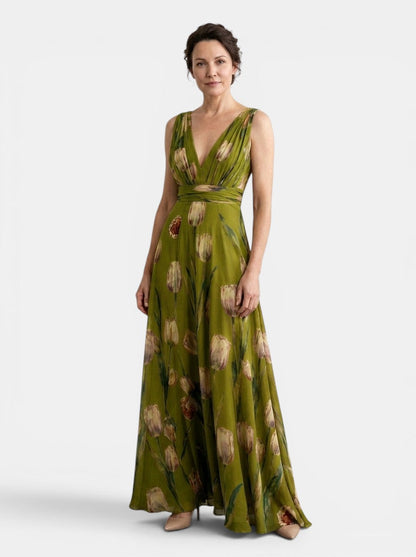Damska sukienka maxi w kwiaty bez rękawów z dekoltem w serek-Maxi Dress-Olave