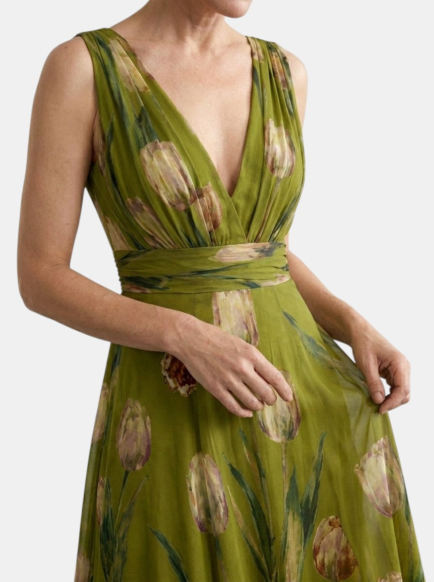 Damska sukienka maxi w kwiaty bez rękawów z dekoltem w serek-Maxi Dress-Olave